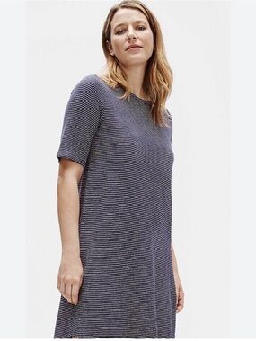 Eileen Fisher Navy and White Striped Short Sleeve Shift Dress